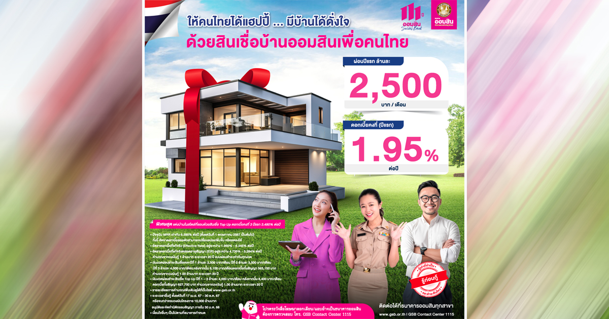 ออมสินสนับสนุนให้ทุกคนมีบ้าน ออกสินเชื่อบ้านออมสินเพื่อคนไทยและสินเชื่อ Top Up ยื่นกู้ตั้งแต่วันนี้ – 30 ธ.ค. 67